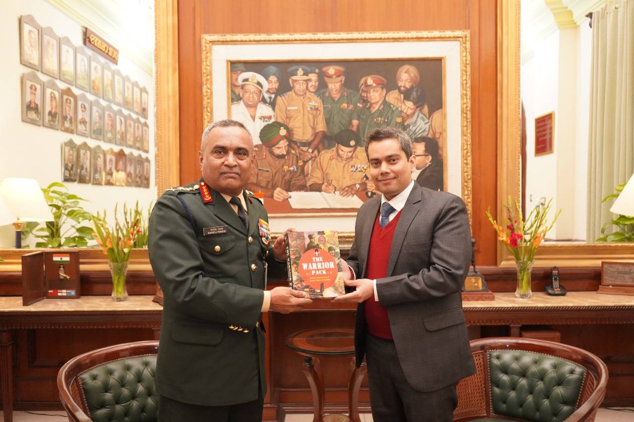 Rishi Kumar with the COAS, Gen Manoj Pande with Warrior Pack Box Sets